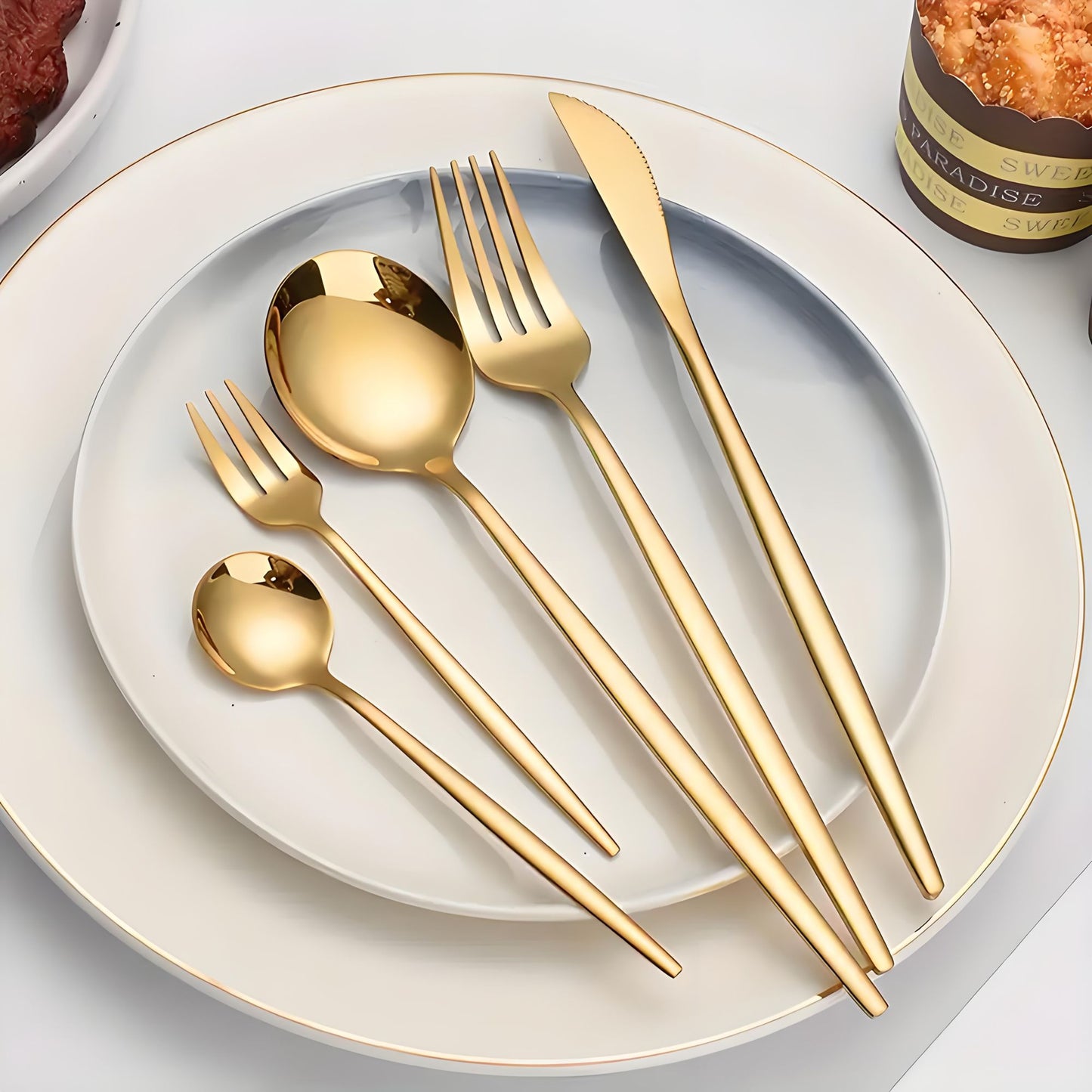 30 Talheres Dourados Prateados Conjunto de Talheres Aço Inoxidável Faca Garfo Colher Jogo de Mesa Conjunto de Talheres de Luxo para Cozinha de Festival