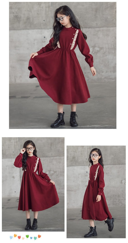 Girls' Dress New Style For  Children Stand Collar Waist-Cinching Slimming Mid-Length Dress Long Sleeve For Kids 5-12Y