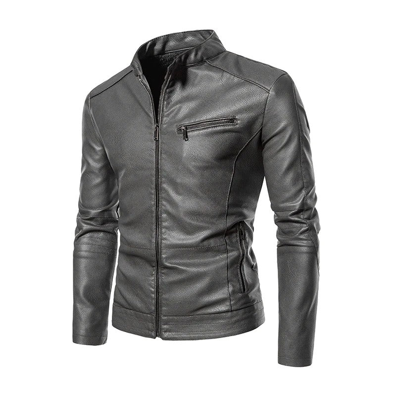 2025 PU Casual Leather Jacket Men Fleece Motorcycle Biker Slim Fit Outerwear Men Solid Stand Collar Leather Jackets