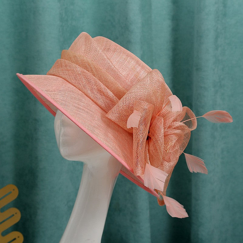 Chapéu de sol de aba grande com design de padrão de fio de cânhamo duplo, acessórios de pena, elegante chapéu de banquete, chapéu de praia para casamento ou férias, chapéu equestre