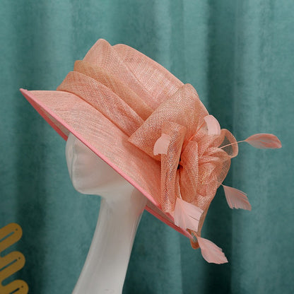 Chapéu de sol de aba grande com design de padrão de fio de cânhamo duplo, acessórios de pena, elegante chapéu de banquete, chapéu de praia para casamento ou férias, chapéu equestre