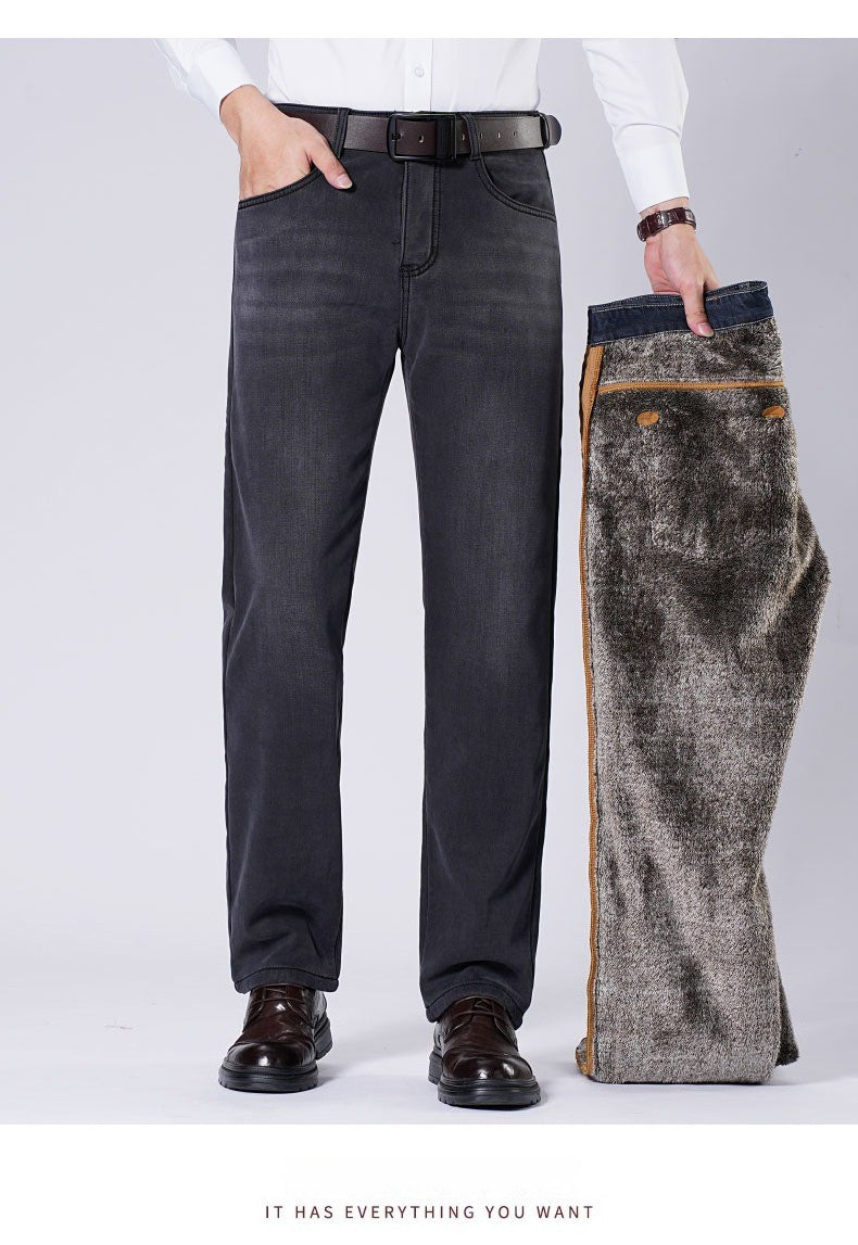 Men's Fleece Straight Leg Jeans Winter Thick Warm Business Casual Velvet Pants Elastic Loose Trousers Outdoorwear