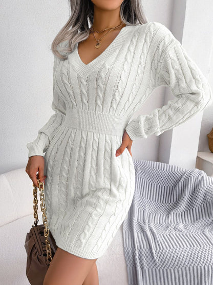 VigoCasey 2025 V Neck Casual Short Knit Dress Autumn Winter Women Solid Long Sleeve Dress Lady Khaki Bodycon Knitted Dresses