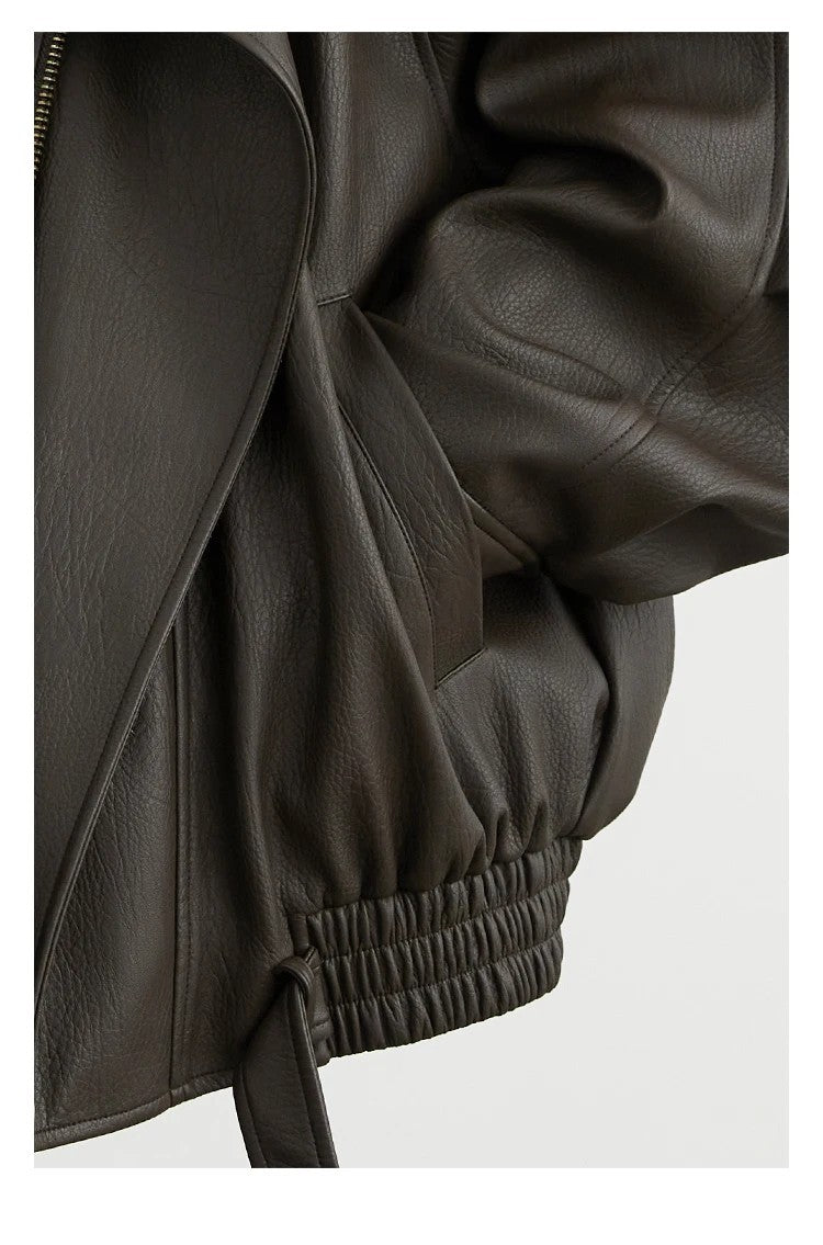 Mauroicardi Spring Autumn Retro Black Oversized Pu Leather Motorcycle Jacket Women Belt Zipper Luxury European Fashion 2025