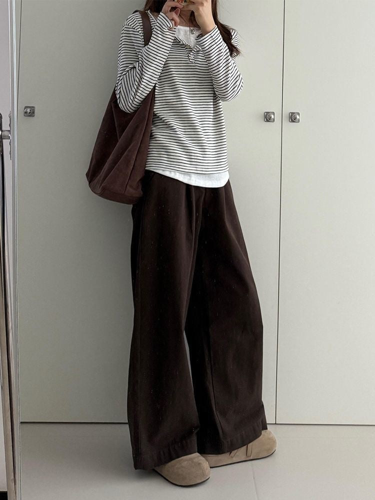 Stripe Button Long Sleeve T-shirt Slim Fit Fake Two-piece Women's Top 2025 Autumn Fashion Casual Long Sleeve Tops