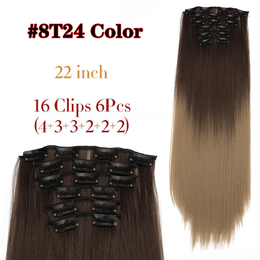 22 Polegadas Sintético Cabelo Liso Longo 16 Clipes 6 Peças/Conjunto Apliques de Cabelo Loiro Preto Resistente ao Calor Para Mulheres