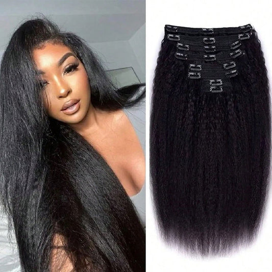 Kinky Straight Clip in Hair Extensions Real Human Hair Natural Black Double Weft Clip ins for Women 16-28 Inch 100g 8pcs