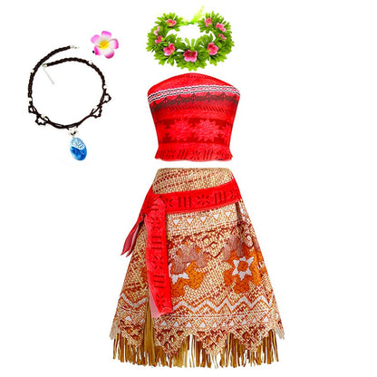 Disney Moana Dress for Kids Girls Princess Vaiana Cosplay Carnival Children Birthday Party Headwear Necklace Pet Pig Chicken Set