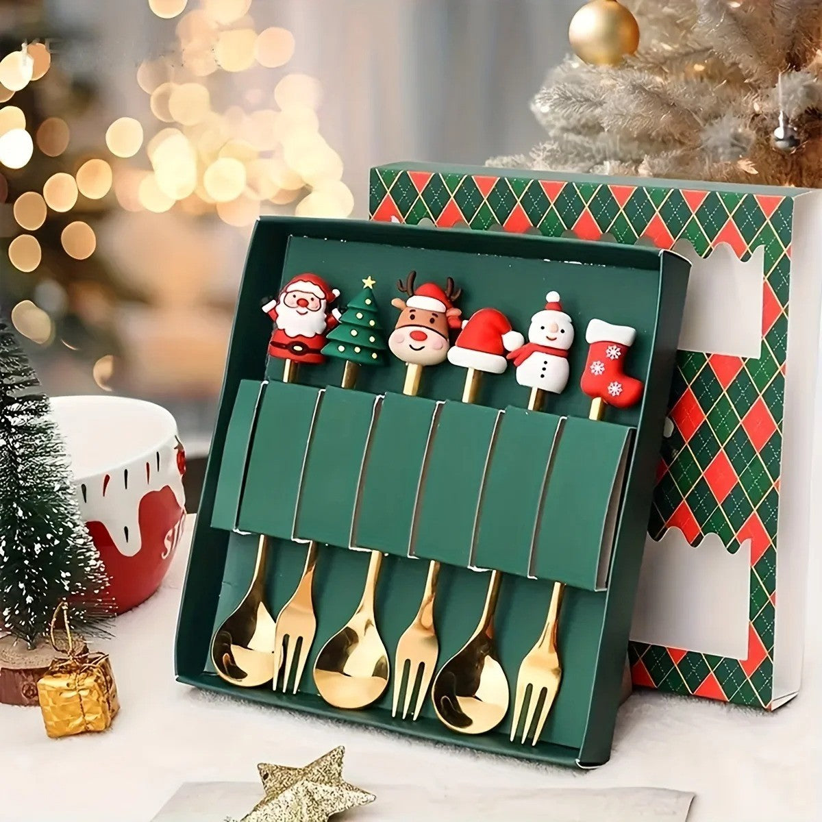 Conjunto de 6 Garfos e Colheres de Natal em Aço Inoxidável, Talheres Criativos para Café, Chá, Sobremesa, Conjunto de Presente