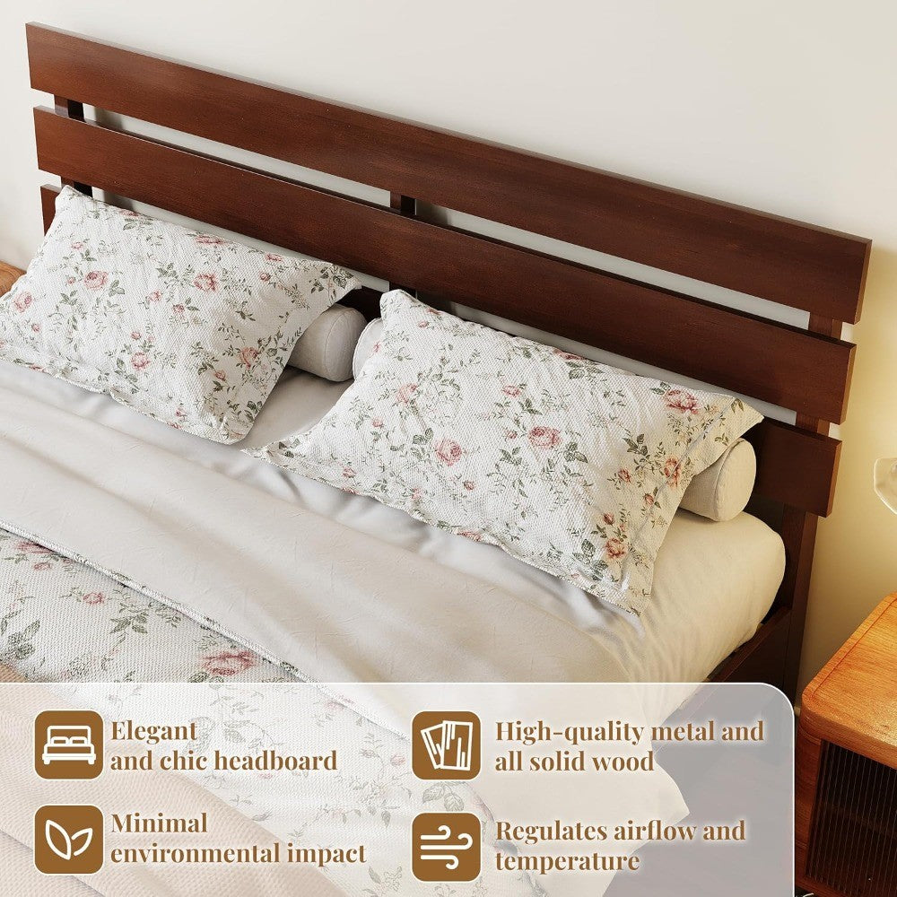 Wood Queen Bed Frame with Headboard, Mid-Century Modern Solid Wood Platform Bed with Solid Wood Legs & Wooden Slat Support, Stur