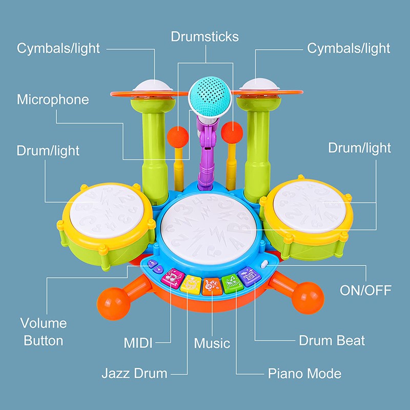 Hot Selling Creative Children Drums Set Electric Light Cool Music Drum Kit Percussion Instrument Baby Early Education Toys Gifts