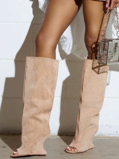 2025Spring and Autumn Fashion New Thick High Heels Women's Knee Length Wide Tube Version Fish Mouth Boots Middle Top Boots