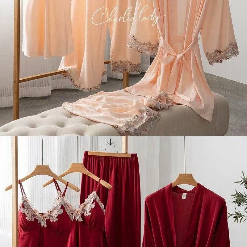 Women's Ice Silk Nightgown Set - Spring/Fall Long-Sleeve Robe Sexy Pure Desire Style with Padded Strapless Nightdress and Pants