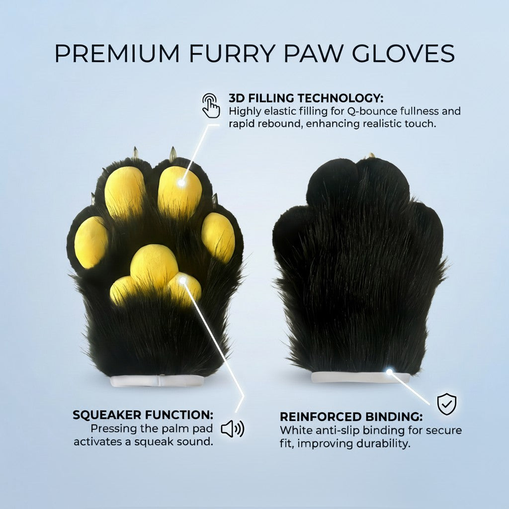 Realistic Fursuit Paws Gloves Soft Plush Furry Animal Paws with Claws for Cosplay Halloween Party Unisex Adult