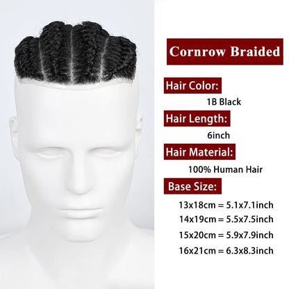 Peruca Masculina Cornrow Box Braids de Cabelo Humano, Touca Masculina de Cabelo Humano com Pele PU, Sistemas de Substituição de Cabelo para Homens, Prótese Capilar