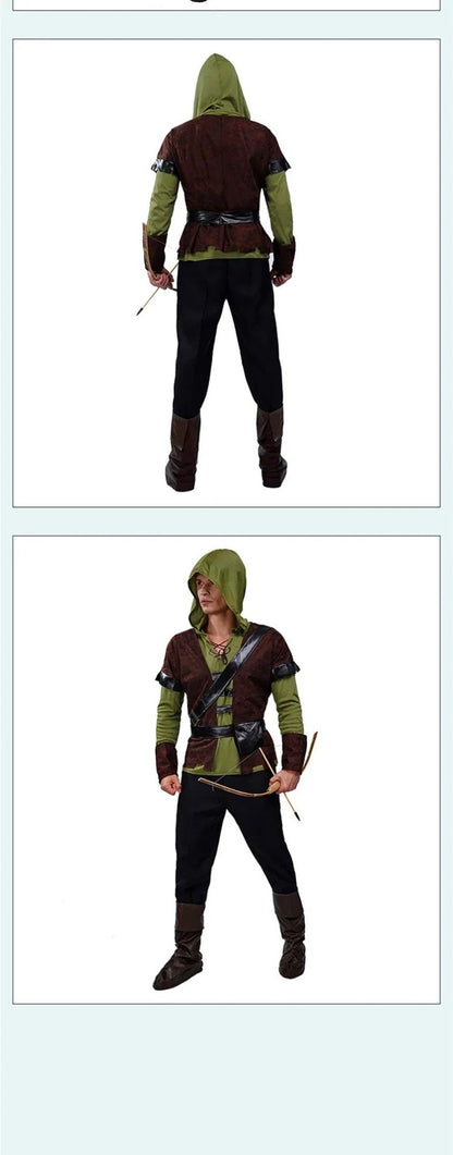 robin hombre Halloween Men costume jacket pants belt Mens Hood Prince Fancy Dress Huntsman Costume For Purim Carnival