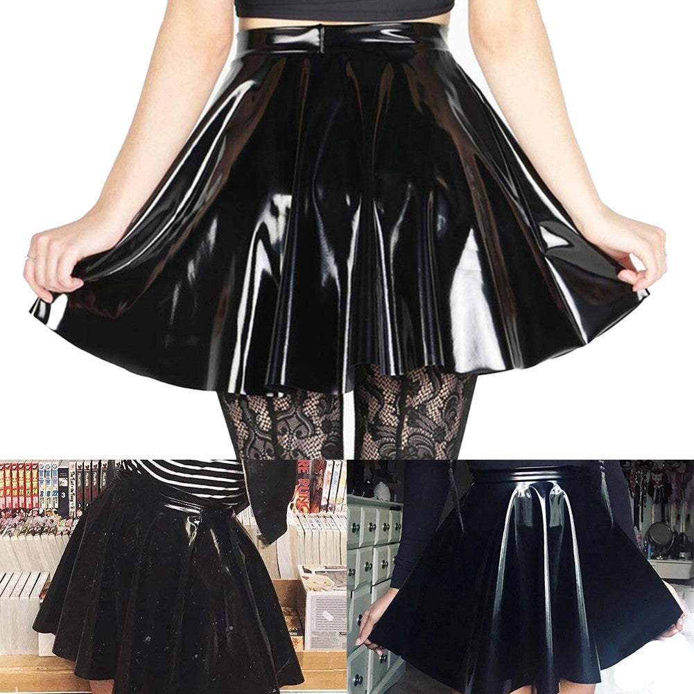 Womens Shiny PVC  Patent Leather Skirt Sexy Wet Look Leather Pleated Skirt Front Bodycon Elastic Latex Mini Short Skirt