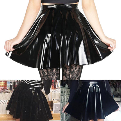 Womens Shiny PVC  Patent Leather Skirt Sexy Wet Look Leather Pleated Skirt Front Bodycon Elastic Latex Mini Short Skirt