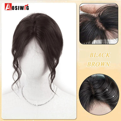 Perucas de cabelo encaracolado sintético AOSI castanho preto, substituição de extensões de cabelo tipo topete, apliques femininos com franja