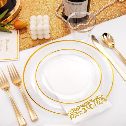 350PCS Clear and Gold Plastic Plates Gold Disposable Plastic Dinnerware Set for 50 Guests Include 100 Plastic Plates 150 Gold C