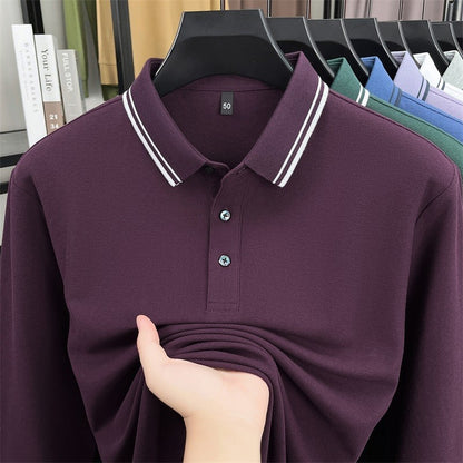 100% pure cotton high-quality long sleeve polo shirt men's autumn new style comfort casual luxury double striped lapel T-shirt