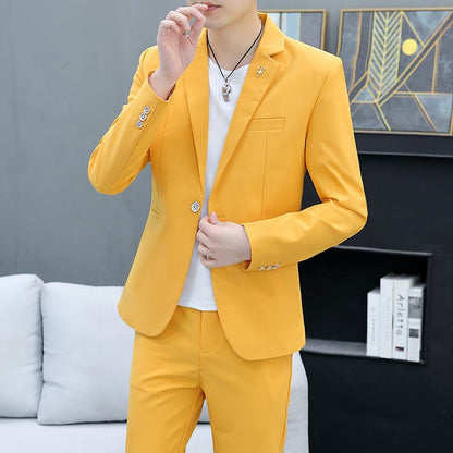 Men's Slim Fit Two-Piece Set Korean Style Spring Autumn Casual Trend British Hair Stylist Fashion Suit plus Trousers