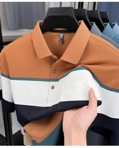 High-quality short sleeve polo shirt men fashion color striped pocket design summer new breathable trendy casual lapel T-shirt