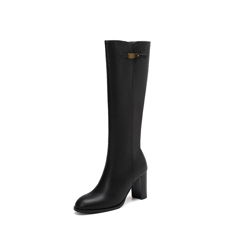 Ods Soft Cow Leather Black Knee High Boots Chunky Mid Heels Zipper Women's Long Boot Big Size Luxury Designer Sexy Shoes 4143 46
