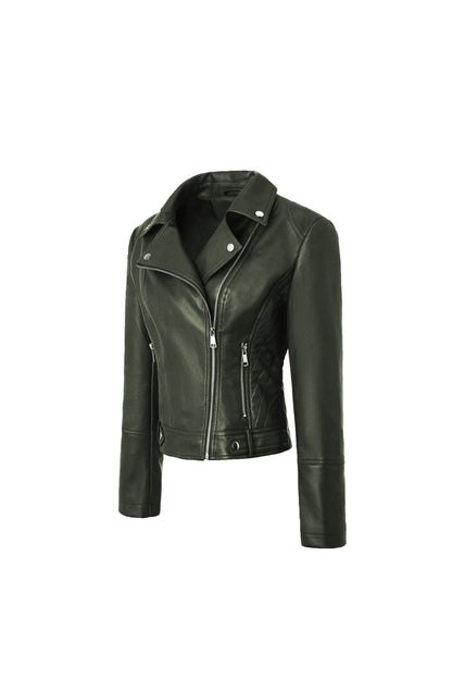 ? Biker Style Pu Leather Jacket for Women - Vegan Faux Motorcycle Jacket with Zipper & Buttons (Black/White/Red/Green)