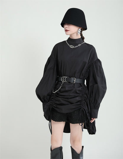 2025 Women Irregular Drawstring Big Size White Blouse New Stand Collar Long Sleeve Shirt Fashion Tide Spring Autumn