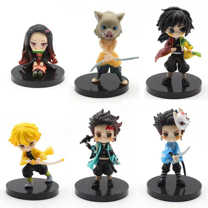 6 unidades Anime Demon Slayer Boneco Nezuko Tanjirou Zenitsu Inosuke Kyoujurou Giyuu Kawaii Qposket Boneco PVC Modelo Brinquedo Presente Colecionável