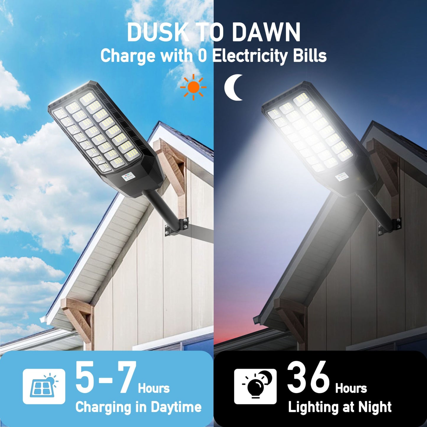 Solar Street Light Outdoor Motion Sensor Dusk to Dawn LED Security Flood Light Remote Control IP66 Waterproof for Parking Lot Garage Yard