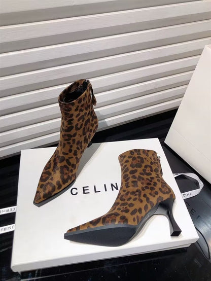 Autumn Women's High Heel Leopard Print Ankle Boots New Winter Pointed Head Thin Heel Chelsea Boots for Shoes Dress D503