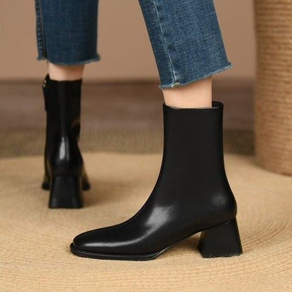 2025 Ankle Boots for Women Leather Square Toe Side Zipper Retro Style Chunky Heels Women Boots Fashion Short Boots Women  D263