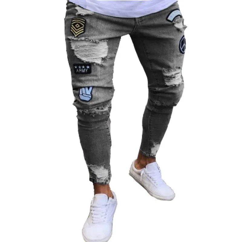 New Style Men's Hip Hop Slim Fit Jeans You And Smooths Your Silhouette Ripped Small Footwear Amazon WISH Badge Plus Size Jeans N