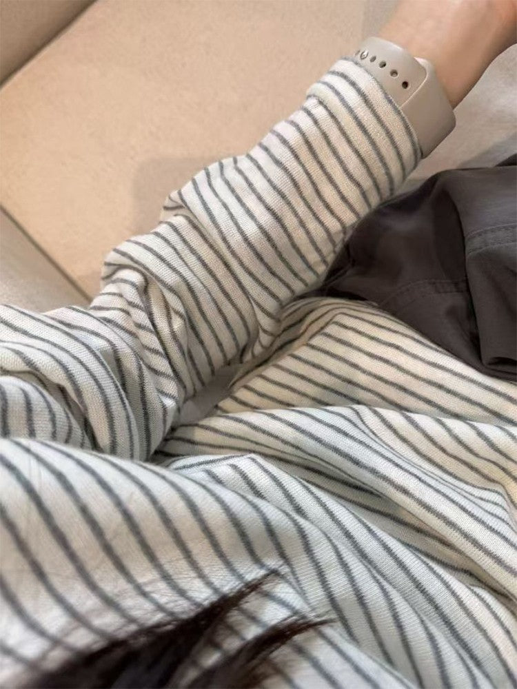 Stripe Button Long Sleeve T-shirt Slim Fit Fake Two-piece Women's Top 2025 Autumn Fashion Casual Long Sleeve Tops