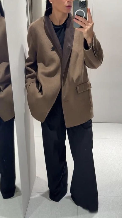 Fashion Brown Wool-blend Coat Women Stand Collar Long Sleeve One Button Pocket Warm Jacket 2025 Autumn Lady Chic Outwears New