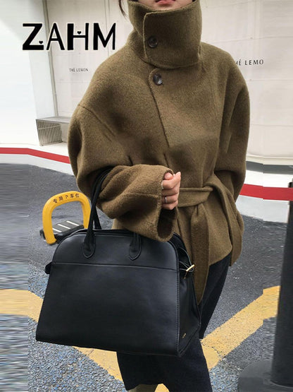 Woolen Solid Women Coat Fashion Belt Patchwork Lace Up Full Sleeve Lapel Lady Jacket 2025 Autumn Winter Female Loose Streetwear
