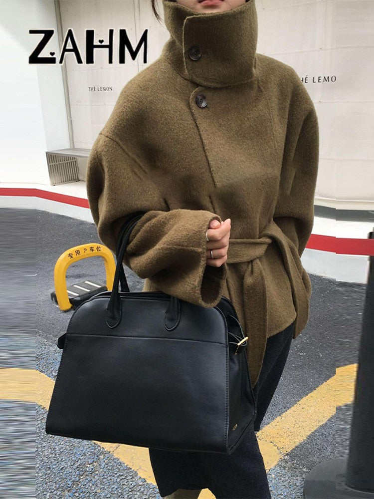 Woolen Solid Women Coat Fashion Belt Patchwork Lace Up Full Sleeve Lapel Lady Jacket 2025 Autumn Winter Female Loose Streetwear