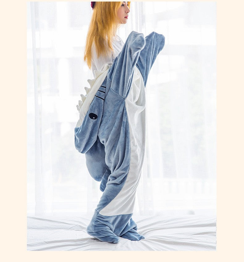 Shark Sleeping Bag Shawl Hooded Flannel Blanket Homewear Clothes Cartoon Pajamas Office Nap Animal Jumpsuit  For Children Adult