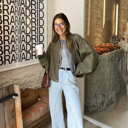 Women Lapel Zipper Solid Jacket Long Sleeve Autumn Winter Fashion Bomber Coat 2025 New In Retro Street Coats Lady Casual Jackets