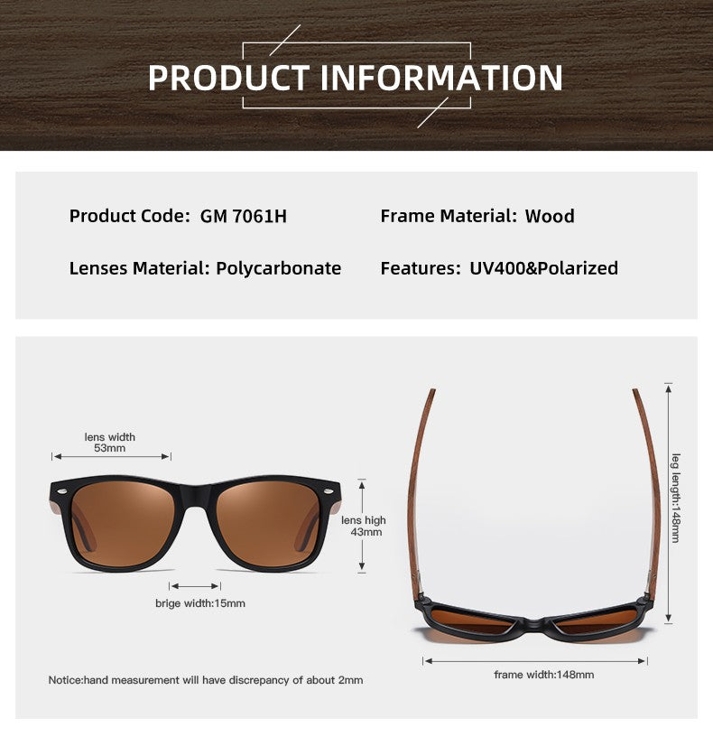 Óculos de Sol GM Ecológicos de Madeira de Nogueira Retrô UV400 Polarizados de Bambu Masculino Moderno Lente Anti-Azul 7061h