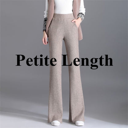 Women's Wool Blend Flare Pants Autumn Bootcut Pants Elastic Waist Petite Regular Long Tall Girl Dress Pants Thick Offical Casual