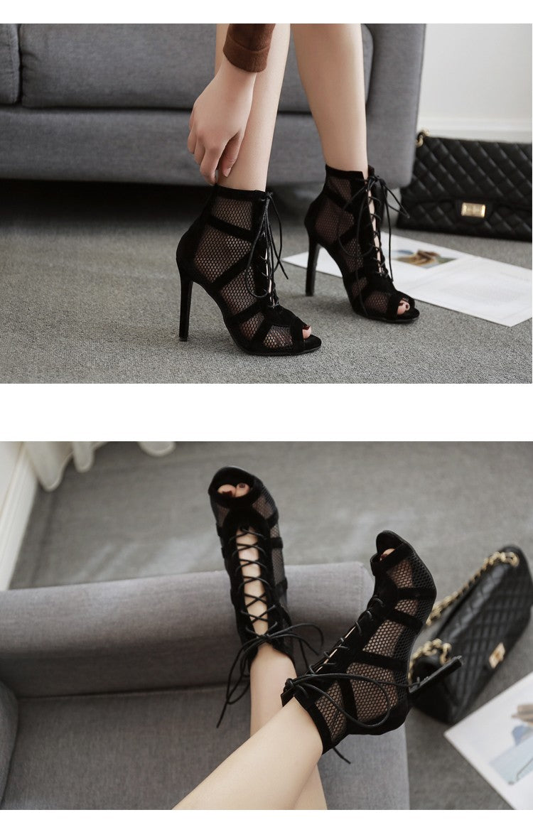 Black Sexy Lace Up Cross-tied Women Shoes Comfort High Quality Thin Heels Open Toe Dancing Sandals Ankle Strap Hollow Out Pumps
