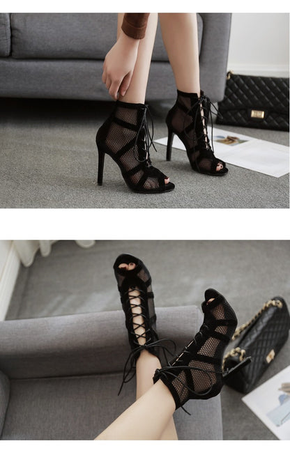 Black Sexy Lace Up Cross-tied Women Shoes Comfort High Quality Thin Heels Open Toe Dancing Sandals Ankle Strap Hollow Out Pumps