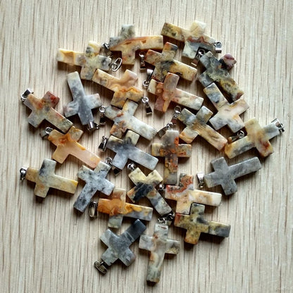Wholesale 50pcs/lot Fashion Hot Sell Natural Stone Mixed Color Assort Cross Pendants Charms Fit Necklaces Jewelry Making