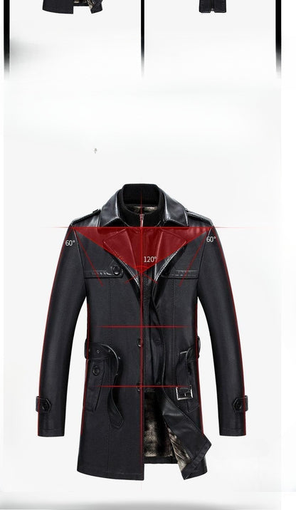 Fashion PU Leather Jacket Mid-length Fleece Thickened Windbreakers Suit Styles Large-sized Coats Overcoats Men's Slimming Trendy