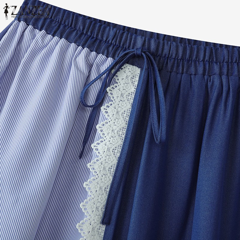 ZANZEA Plus Size Women Skirts Denin-Like Striped Patchwork Lace Trim Detail Lace-Up Elastic Waist A-Line Midi Skirt Casual Chic