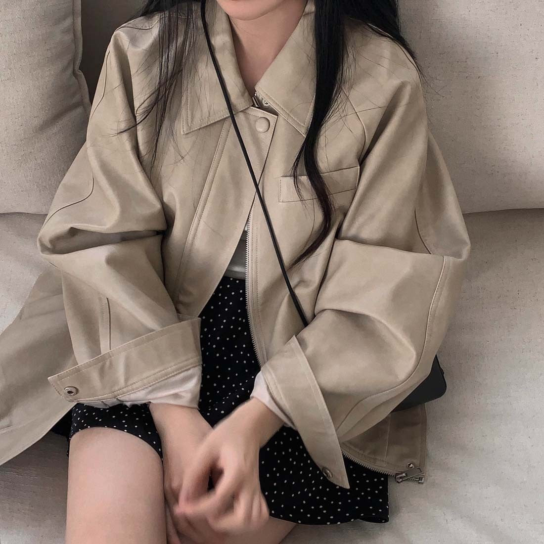 Sli Loose PU Leather Jaet Women's Chic Retro Collar Versatile BF Sle Motorcycle Clothes Trendy Long Sve Zipper