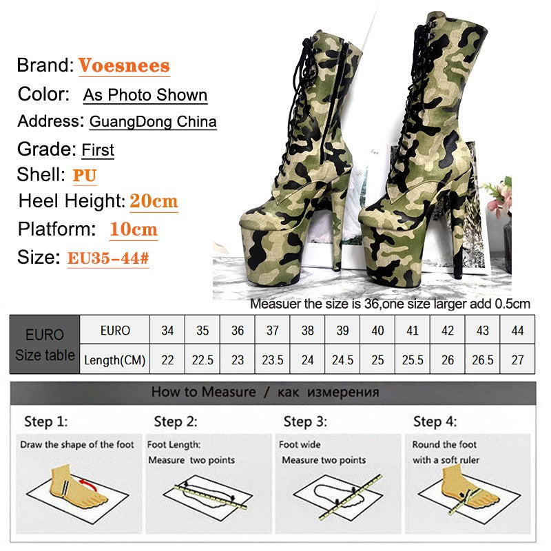 New 20CM/8Inch Platform Zip Boots Camouflage Lace-up Pole Dance High Heels Sexy Nightclub Model Shoes Women Boots Striptease